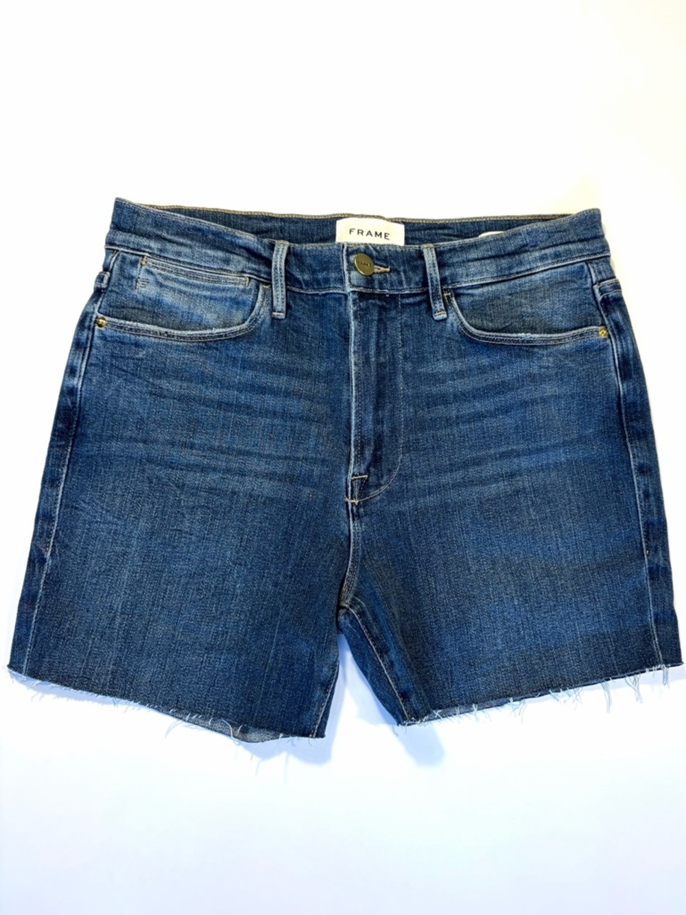 FRAME Blue Denim High-Rise Cutoff Shorts